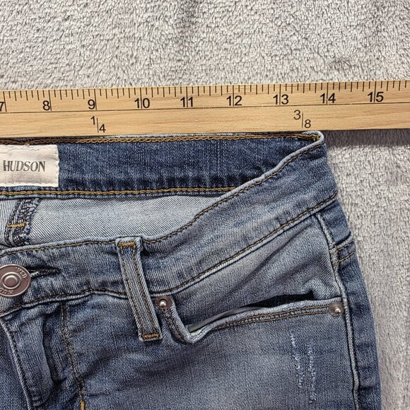 Hudson Tally Jeans Women's 27 Mid Rise Skinny Crop Leg Blue Fade Stretch Distres - Picture 8 of 11